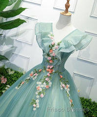 Green V Neck Tulle Long Formal Prom Dress, Green Evening Dress