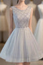 Gray Tulle Beads Short Formal Prom Dress, Gray Homecoming Dress