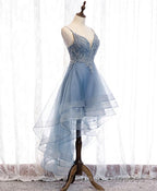 Blue Sweetheart Tulle Lace High Low Formal Prom Dress, Blue Homecoming Dress