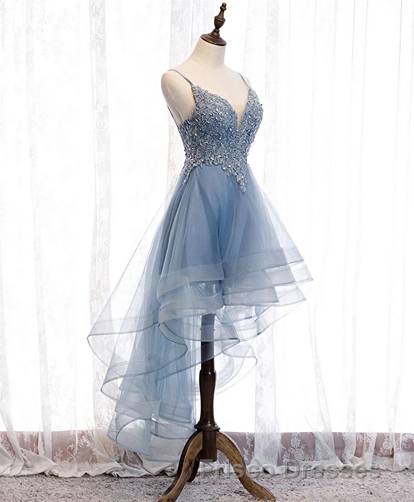 Blue Sweetheart Tulle Lace High Low Formal Prom Dress, Blue Homecoming Dress