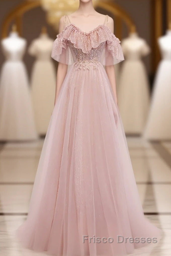 Pink V Neck Tulle Lace Long Formal Prom Dress, Pink Bridesmaid Dress, 1 Main image