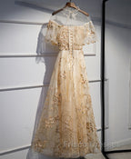 Champagne Tulle Lace Long Formal Prom Dress, Champagne Formal Dress, 1