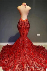 Red Halter Mermaid Prom Dress With Sequins Lace