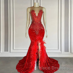 Red Sleeveless Sequins Mermaid Formal Prom Dresses with Front Slit Beadings and Feathers