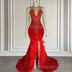 Mermaid Formal Prom Dresses with Sequins Sleeveless Split Beadings and Feather Embellishments