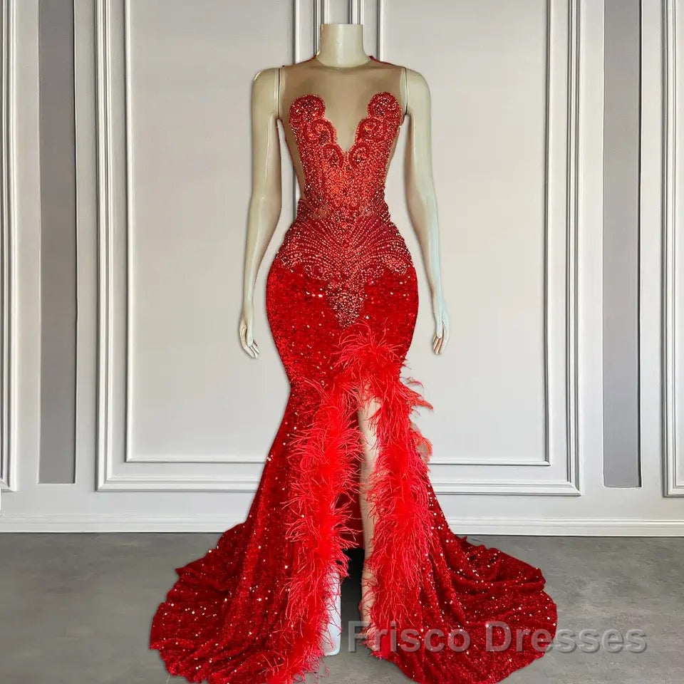 Mermaid Formal Prom Dresses with Sequins Sleeveless Split Beadings and Feather Embellishments