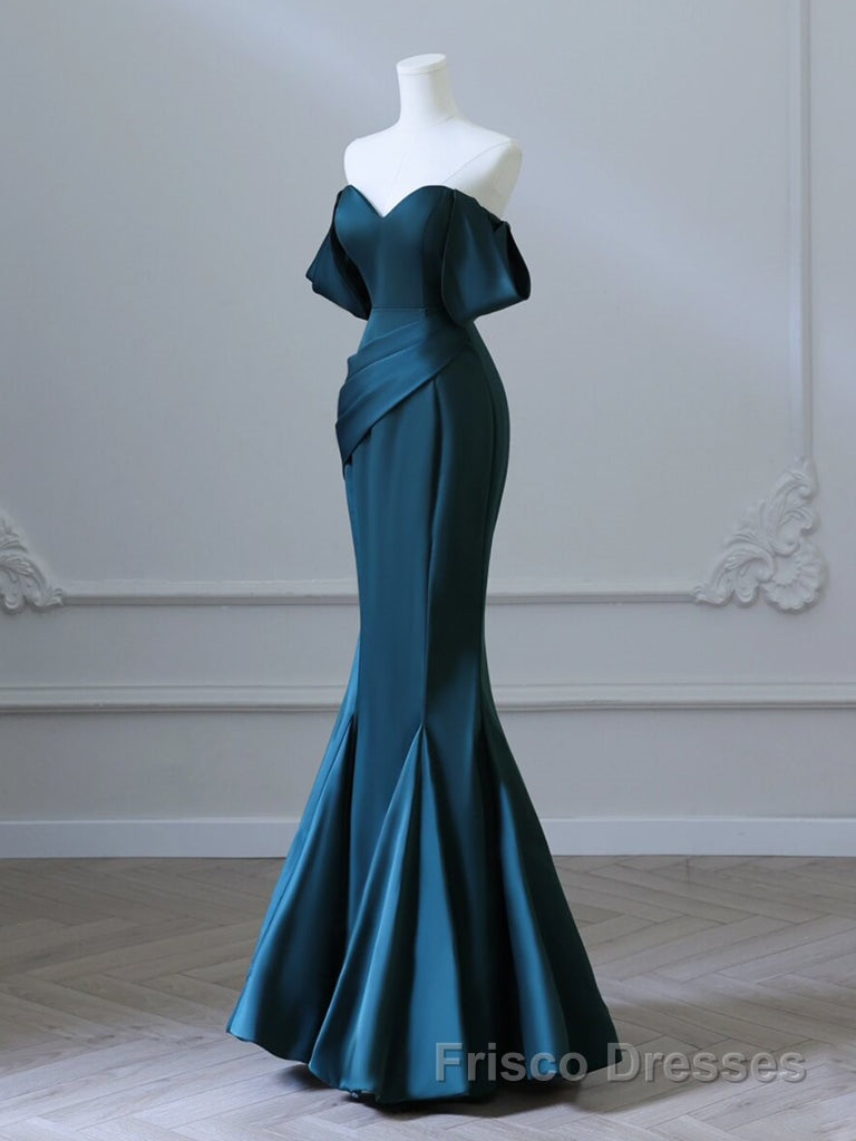 Simple Off Shoulder Satin Ink Blue Long Formal Prom Dresses, Ink Blue Long Formal Dresses