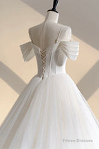 Ivory Tulle Off the Shoulder Formal Gown, Elegant A-Line Wedding Dress