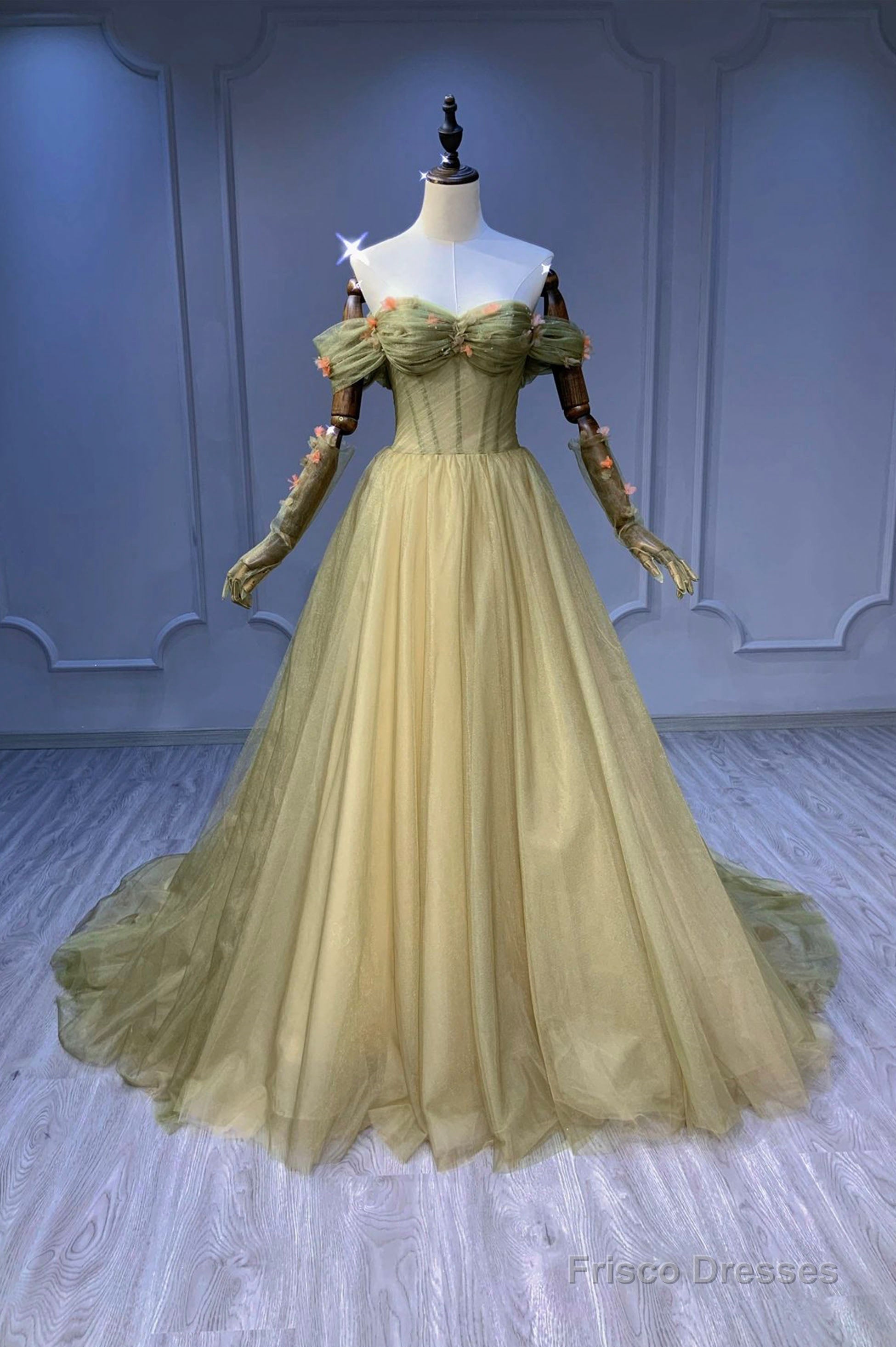Green Tulle Long A-Line Prom Dress, Off the Shoulder Evening Party Dress Main image