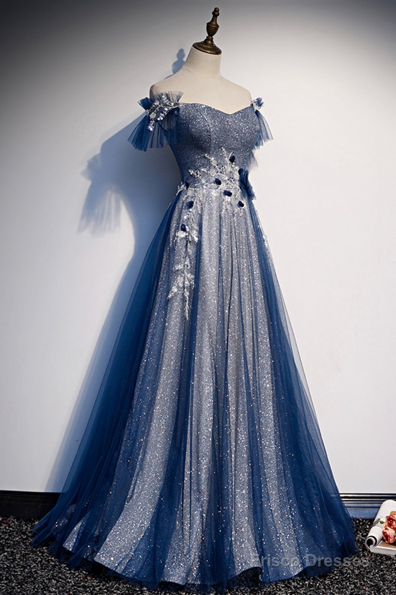 Blue Tulle Sequins Long Prom Dress, A-Line Evening Dress Main image