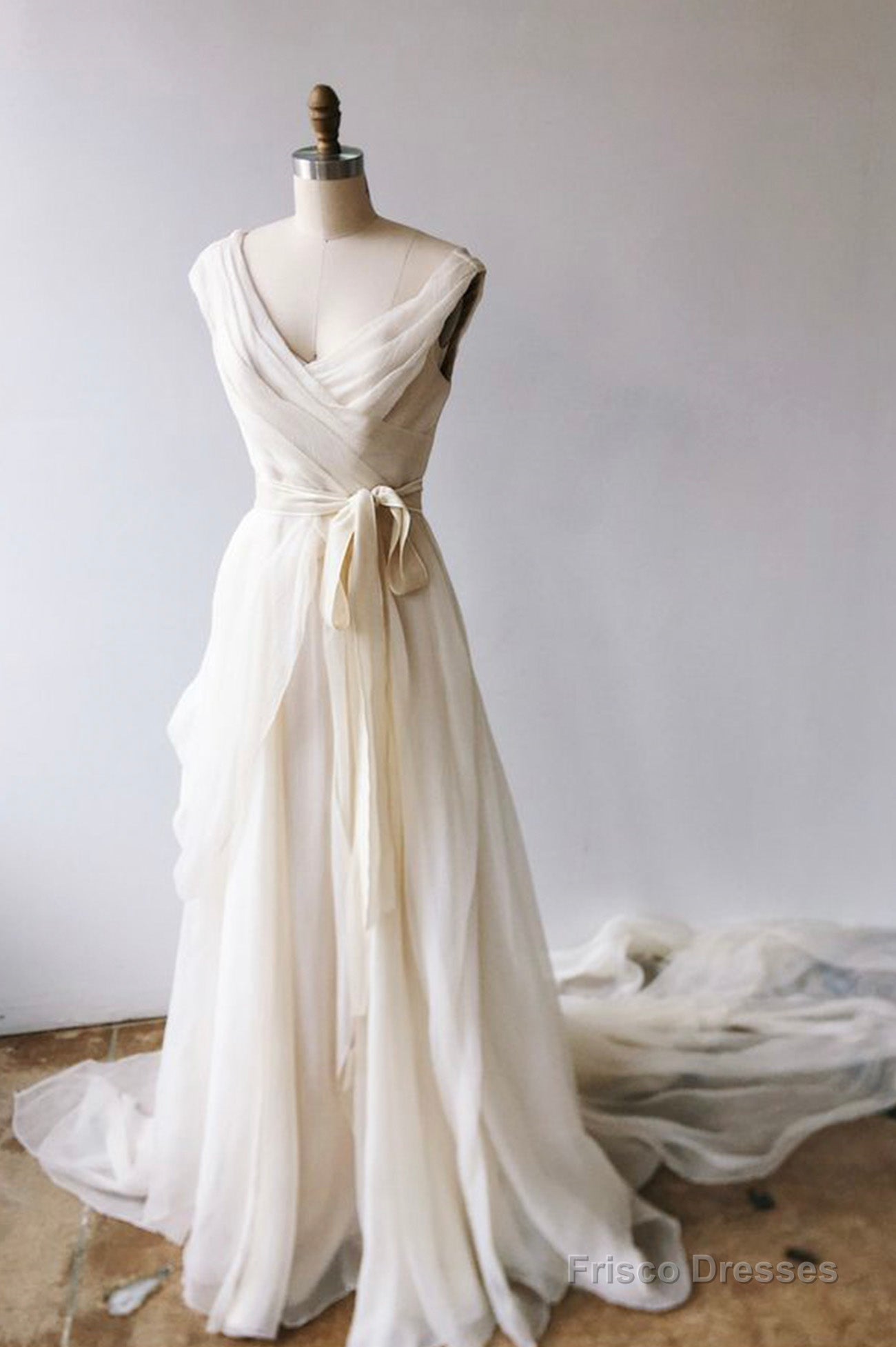 Champagne Chiffon Long Prom Dresses, A-Line V-Neck Evening Dresses Main image