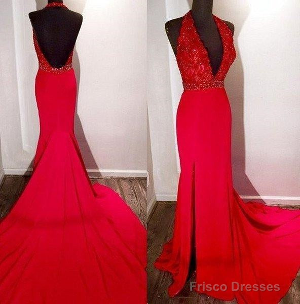 2025 Gorgeous Red Halter Side-Slit Mermaid/Trumpet Satin Prom Dresses Main image