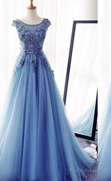 Appliques Lace Up Capped Sleeves A-Line/Princess Tulle 2025 Blue Prom Dresses Main image