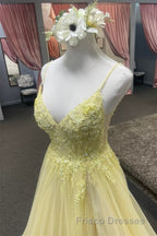 Light Yellow Deep V Appliques Long Formal Prom Dress with Slit