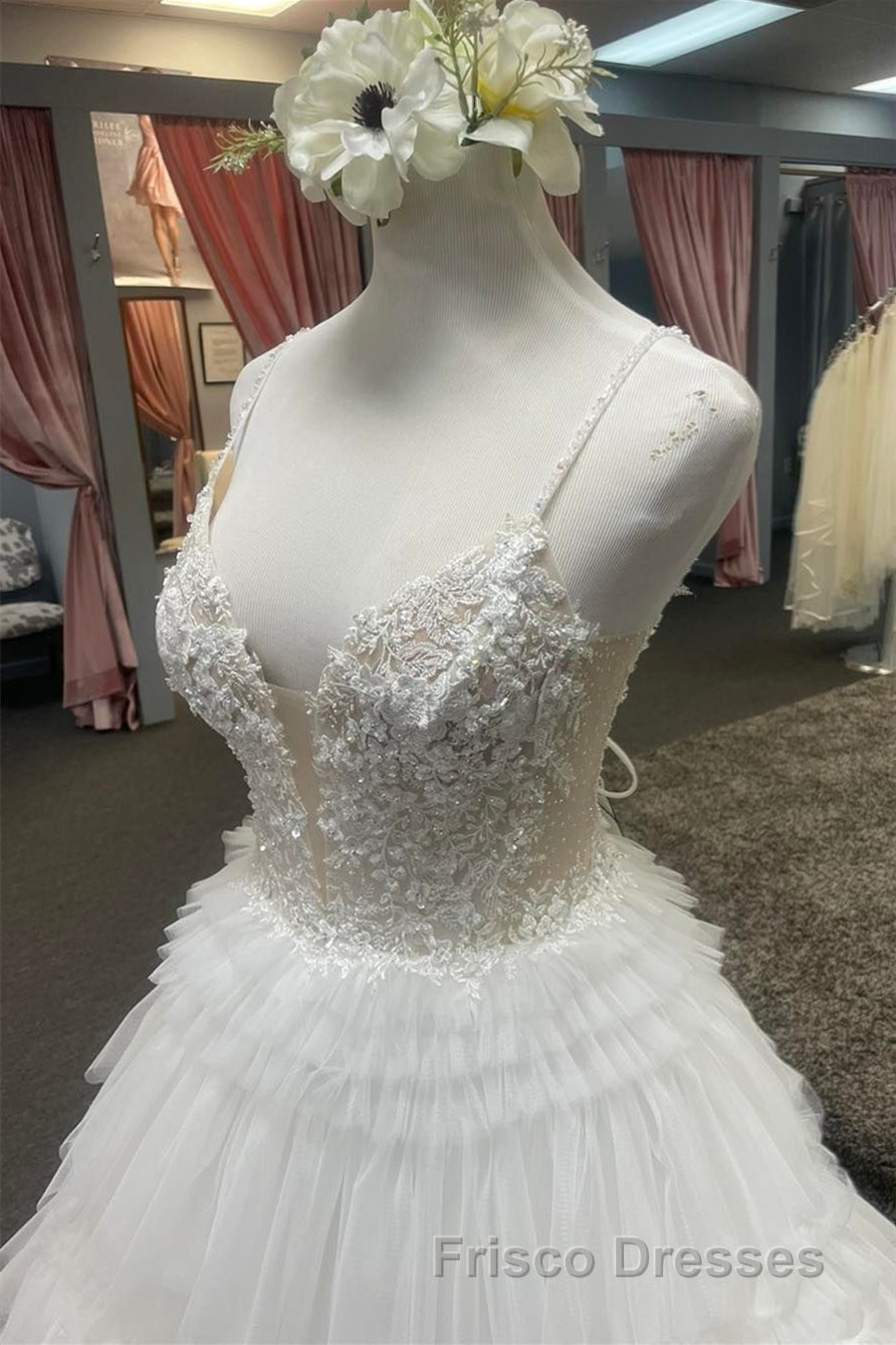 White Floral Plunging V Layers Long Formal Prom Dress Secondary image