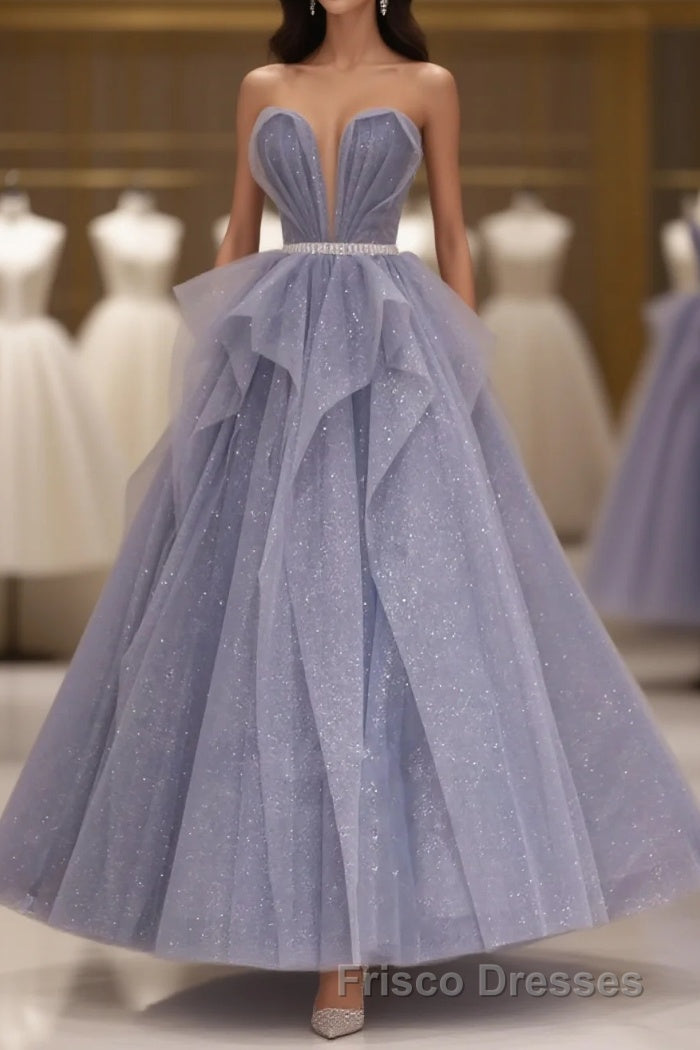 Purple Sweetheart Neck Tulle Sequin Long Formal Prom Dress, Tulle Formal Prom Dress