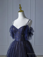 Blue Gradient Tulle Long Prom Dress, Beautiful Spaghetti Strap Evening Party Dress