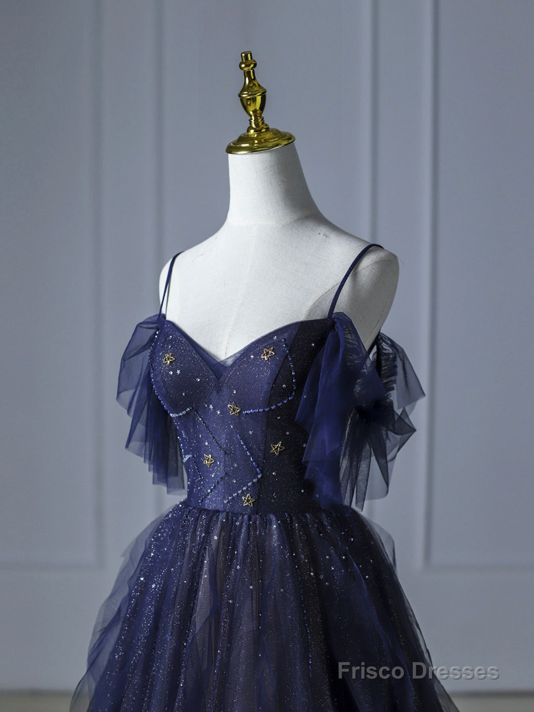Blue Gradient Tulle Long Prom Dress, Beautiful Spaghetti Strap Evening Party Dress
