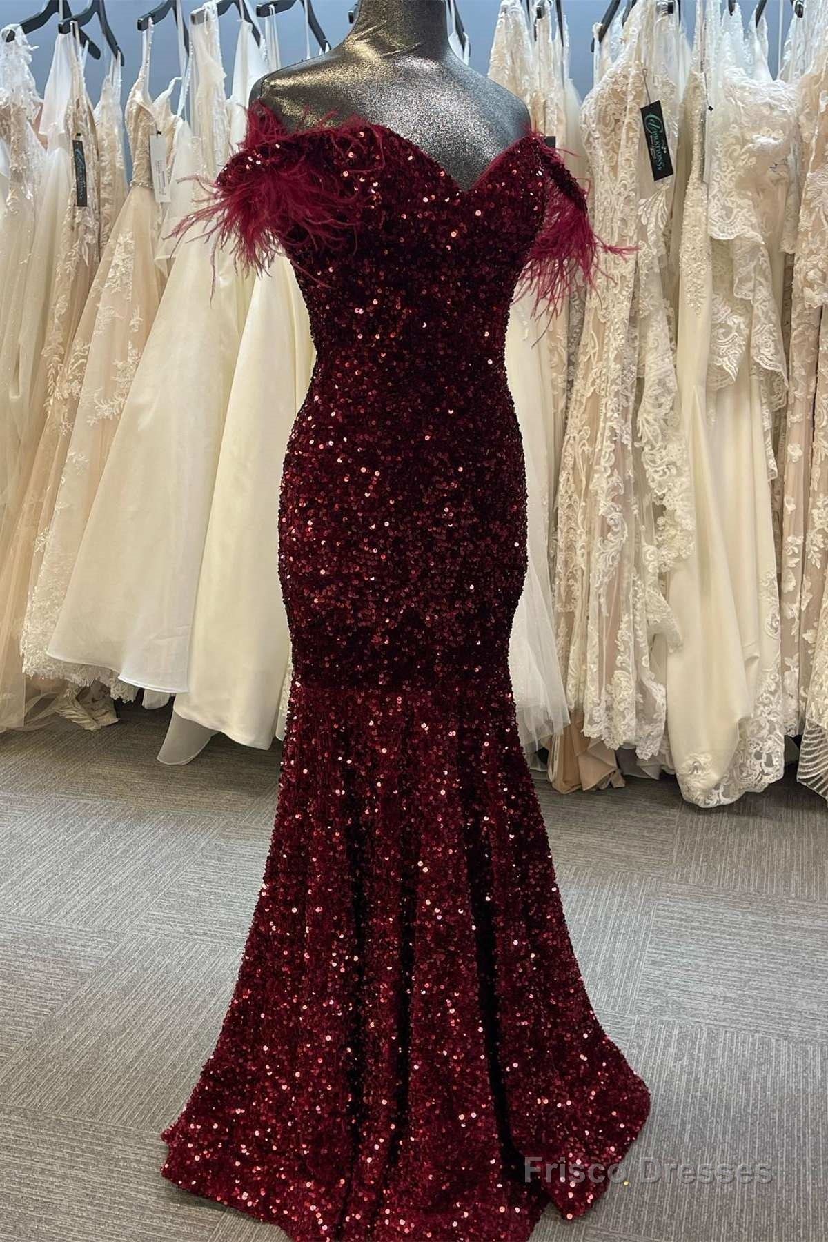 Burgundy Sequin Feather Off-the-Shoulder Mermaid Long Prom Gown