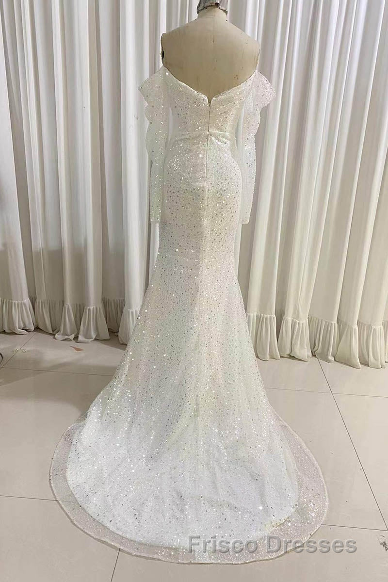 Ivory Mermaid Sequined Formal Prom Dress with Long Sleeves, Sparkly Long Party Dress
