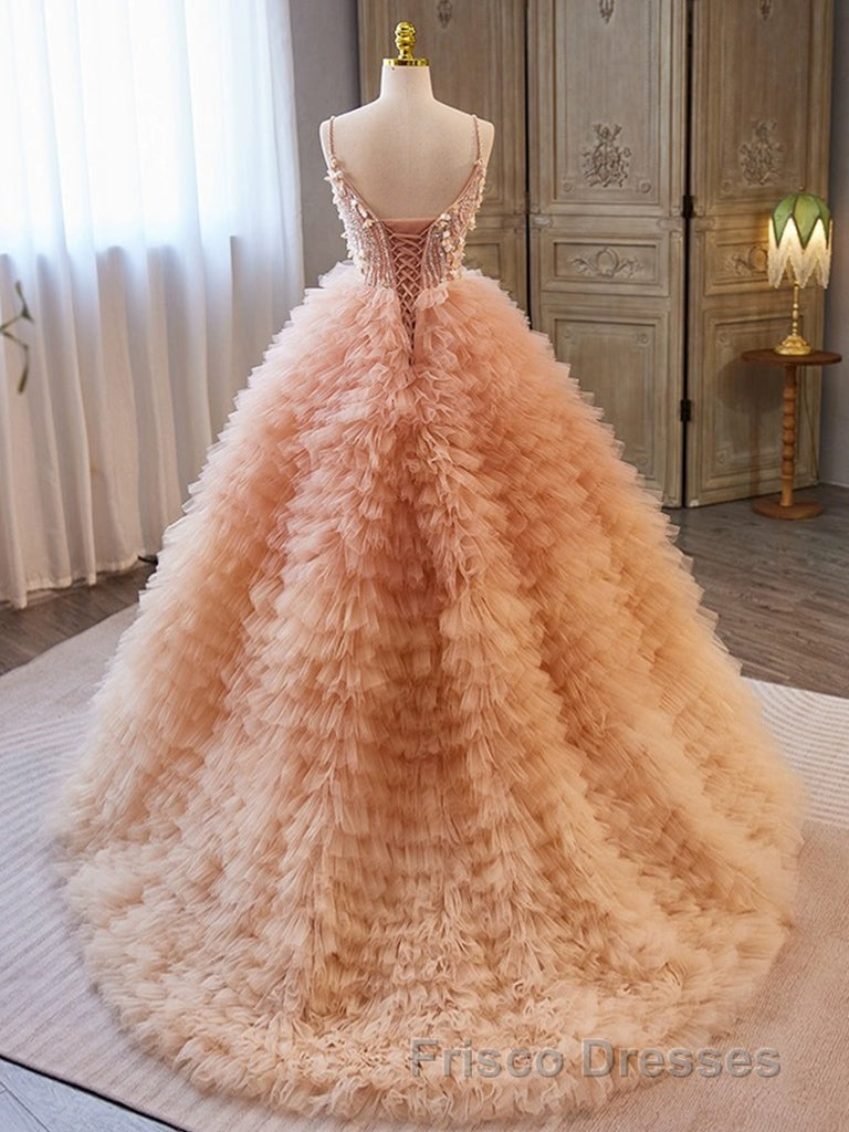 Unique V Neck Tulle Sequin Orange Pink Long Formal Prom Dress, Orange Pink Sweet 16 Dress Secondary image