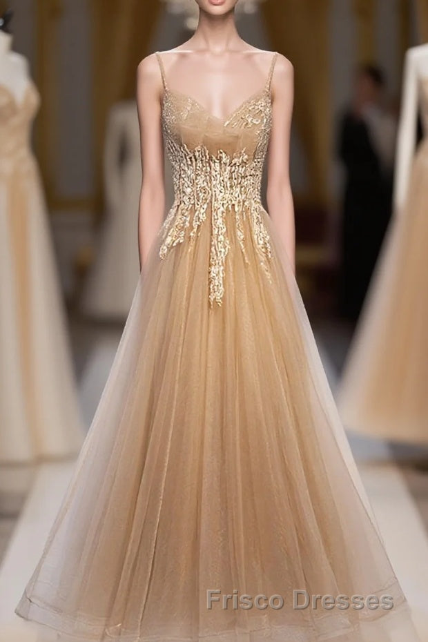 Champagne Tulle Lace Long Formal Prom Dress, Champagne Evening Dress, 9 Main image