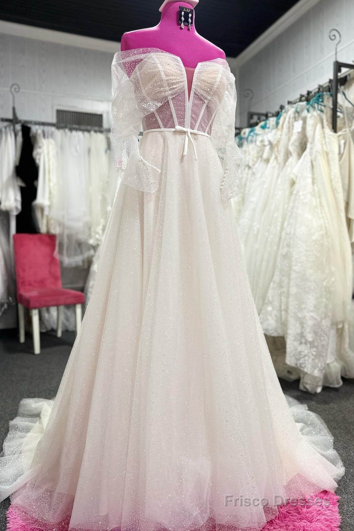 White Off-the-Shoulder Tulle Beaded A-line Long Wedding Dress Main image