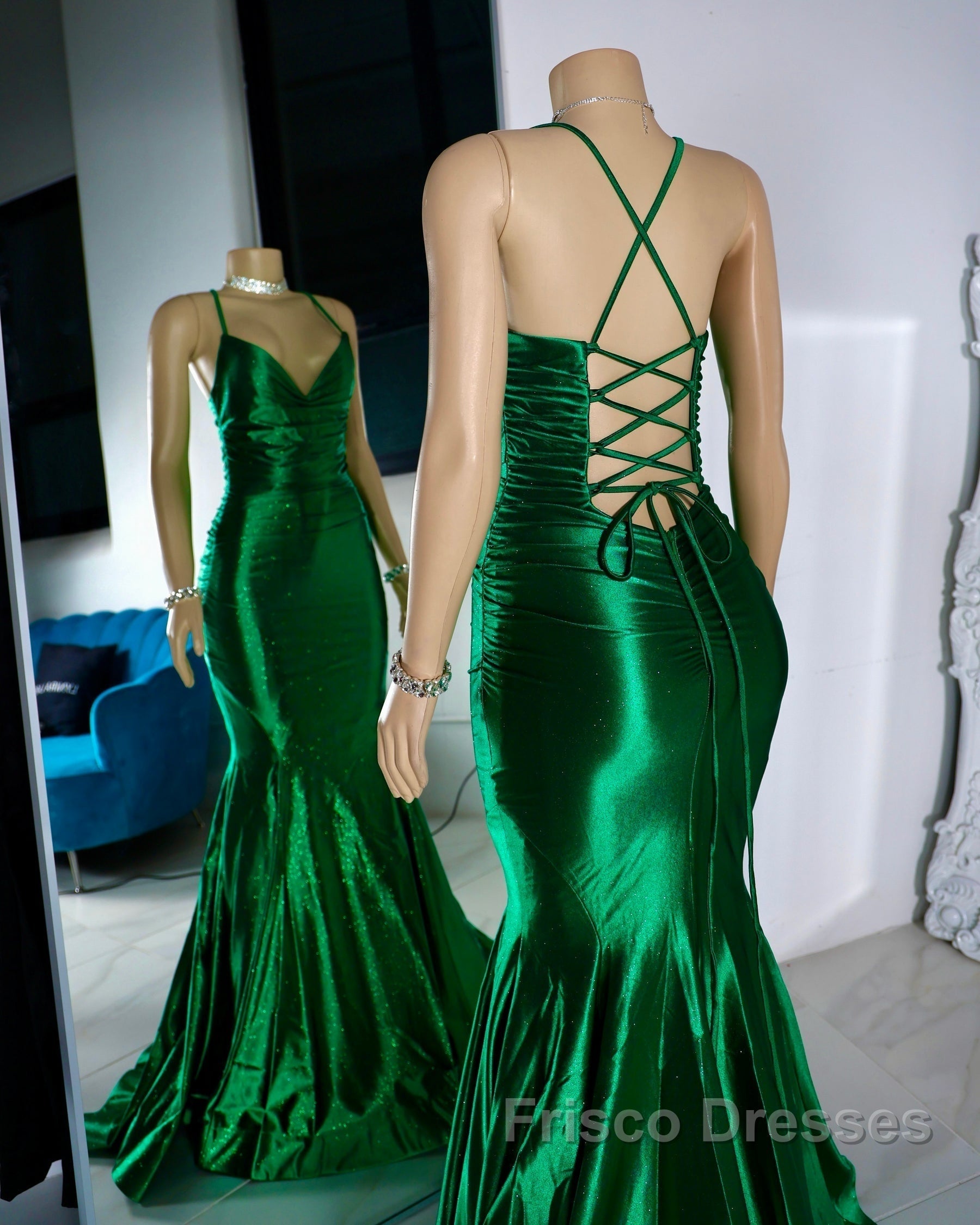 Satin Trumpet V-Neck Spaghetti Straps Formal Prom Evening Dress For Black Girls