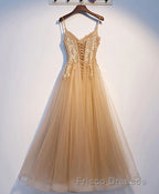 Champagne Tulle Lace Long Formal Prom Dress, Champagne Evening Dress, 9