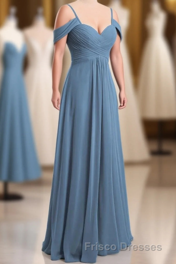 Dusty Blue Chiffon Cold Shoulder A-Line Long Bridesmaid Dress Main image