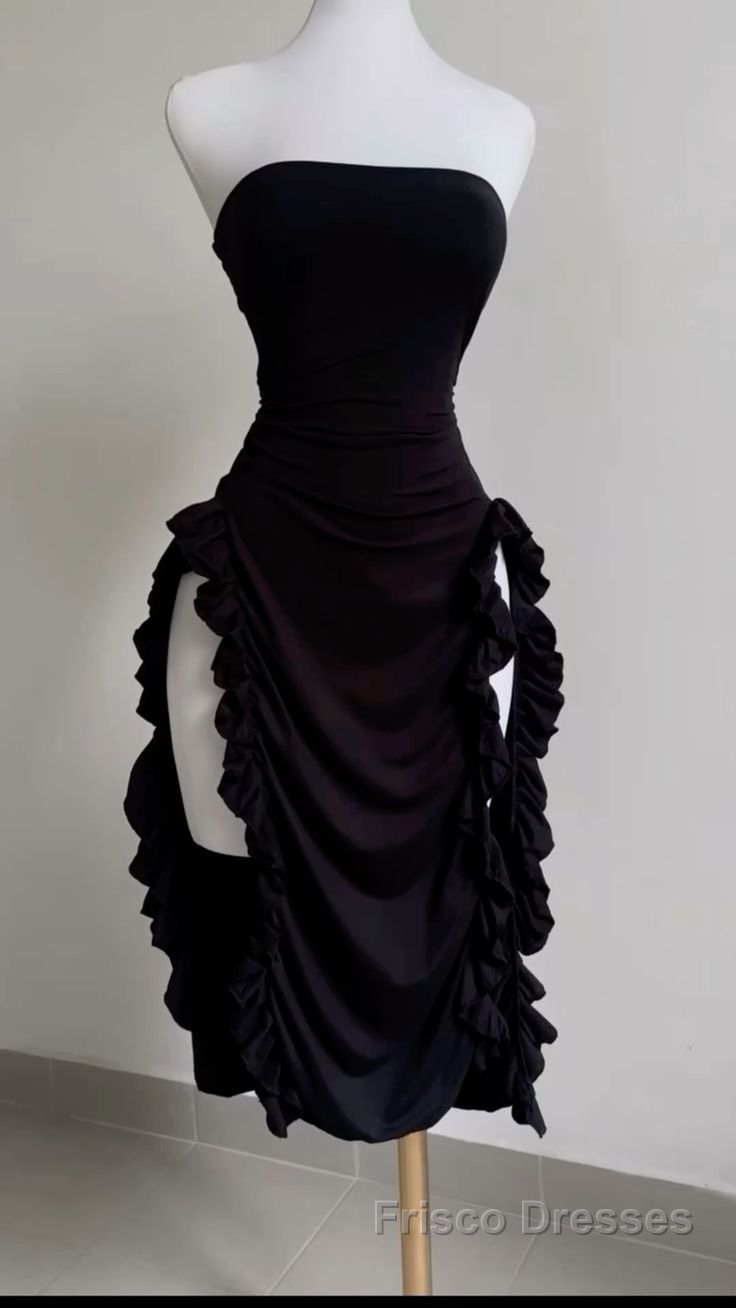Strapless Midi Length Ruffle Formal Prom Dresses Sexy Evening Dresses