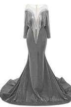 Deep V-neck Shiny Royal Blue Long sleeves Mermaid Formal Prom Dresses