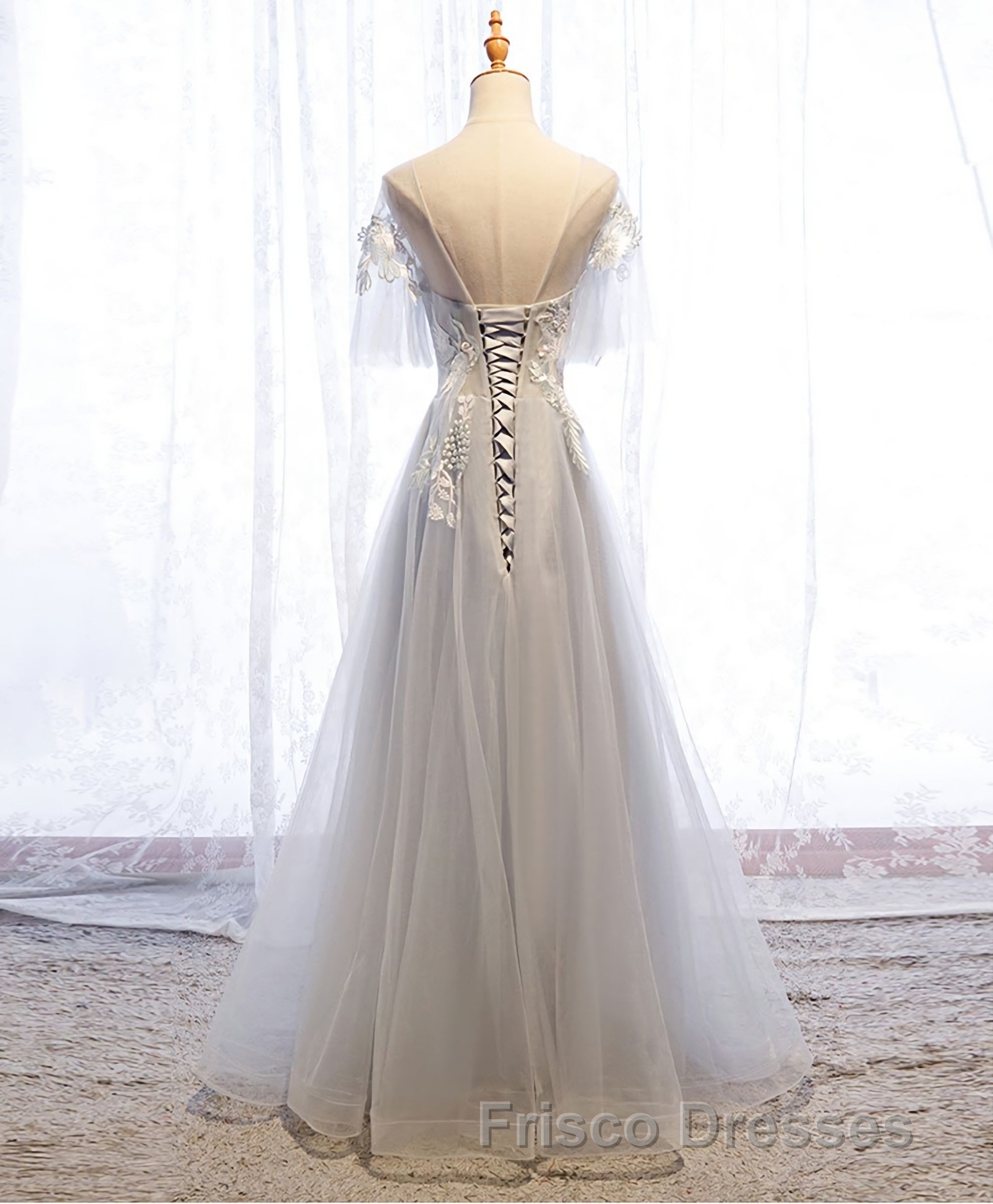 Gray Tulle Lace Long Formal Prom Dress, Gray Tulle Lace Evening Dress, 5 Secondary image