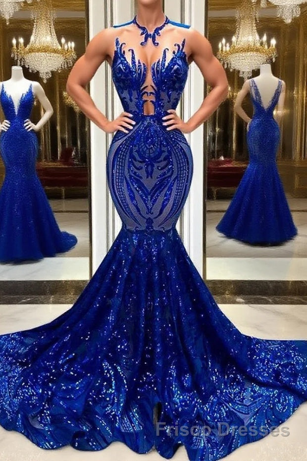 Sequins Royal Blue Sleeveless Mermaid Formal Prom Dresses Main image