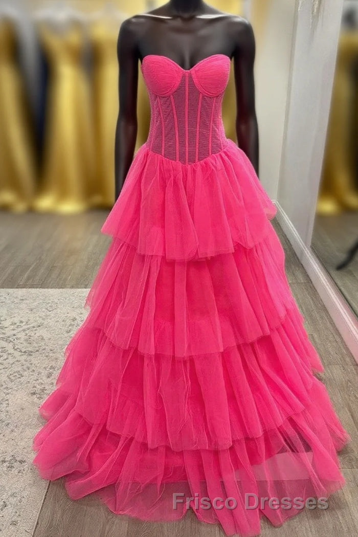 Hot Pink Strapless Layers Tulle A-line Long Formal Prom Dress
