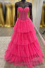 Hot Pink Strapless Layers Tulle A-line Long Formal Prom Dress