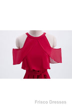 Red Chiffon Cold Sleeves Short Ruffles Bridesmaid Dress