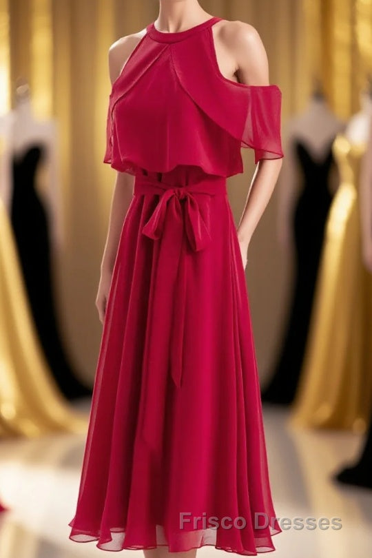 Red Chiffon Cold Sleeves Short Ruffles Bridesmaid Dress Main image