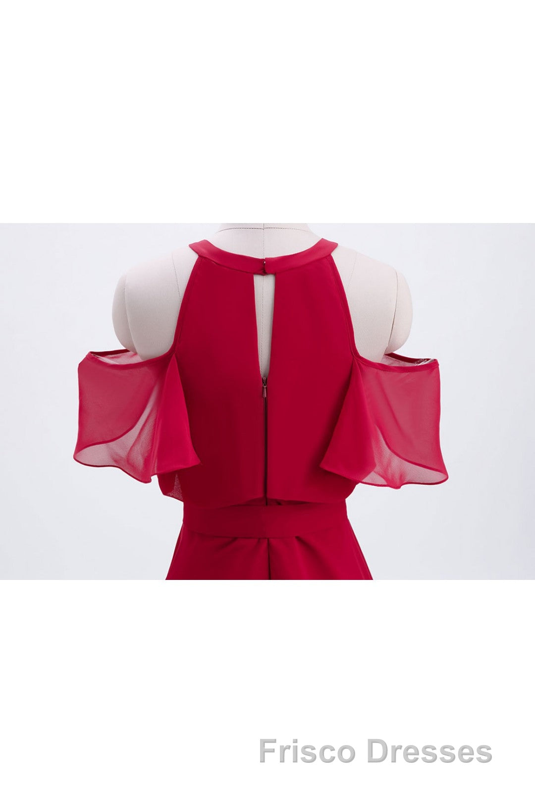 Red Chiffon Cold Sleeves Short Ruffles Bridesmaid Dress