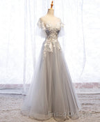 Gray Tulle Lace Long Formal Prom Dress, Gray Tulle Lace Evening Dress, 5