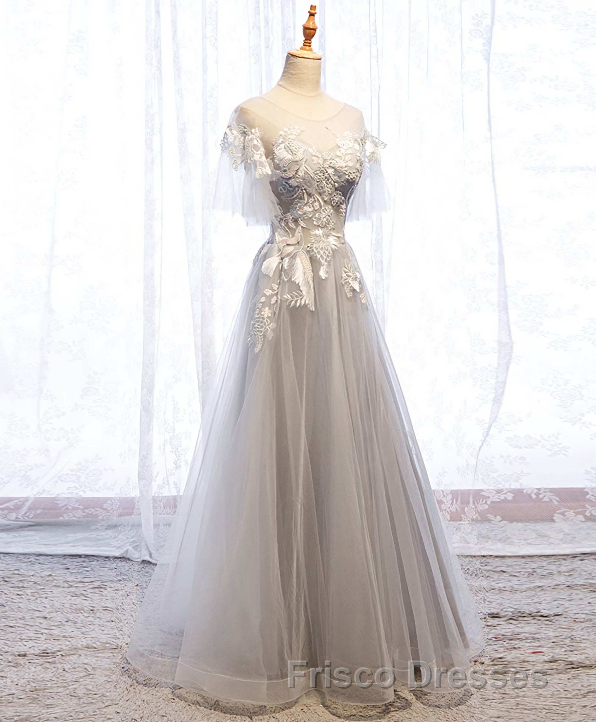 Gray Tulle Lace Long Formal Prom Dress, Gray Tulle Lace Evening Dress, 5