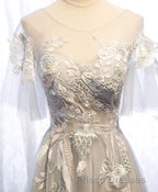 Gray Tulle Lace Long Formal Prom Dress, Gray Tulle Lace Evening Dress, 5