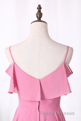 Pink Chiffon Straps Ruffled A-Line Long Bridesmaid Dress