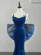Simple Velvet Blue Mermaid Long Formal Prom Dresses, Backless Velvet Blue Evening Dresses