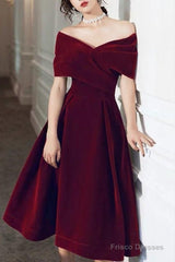 Beautiful Wine Red Velvet Tea Length Party Dress, Bridesmaid Dress
