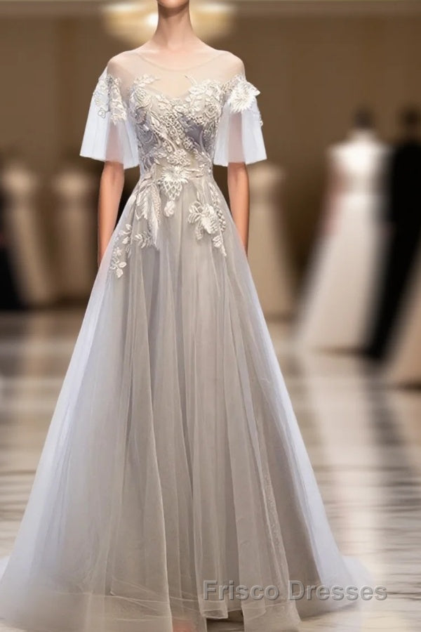 Gray Tulle Lace Long Formal Prom Dress, Gray Tulle Lace Evening Dress, 5 Main image