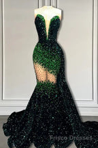 V-Neck Sequins Formal Prom Dresses Mermaid Sleeveless Crystal.