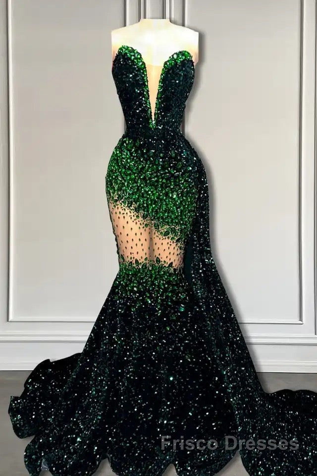 V-Neck Sequins Formal Prom Dresses Mermaid Sleeveless Crystal.