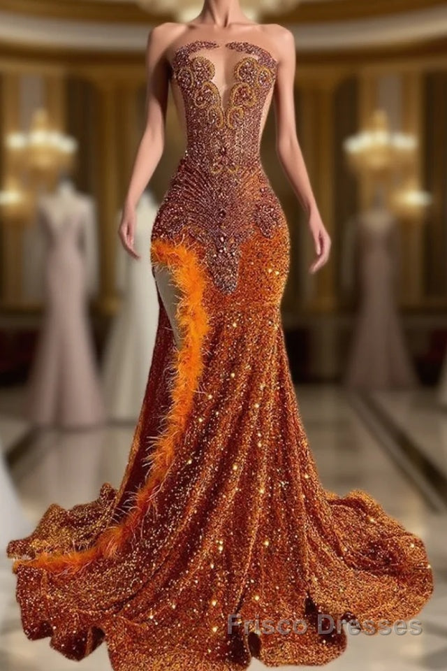 Mermaid Style Burnt Orange Sequins Formal Prom Dresses with Side Slit Long Length Beadings and Feathers Main image