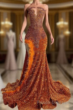Mermaid Style Burnt Orange Sequins Formal Prom Dresses with Side Slit Long Length Beadings and Feathers